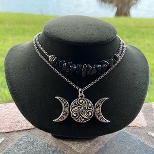 Celtic moon necklace . Double layer onyx & celtic knot triple moon charm